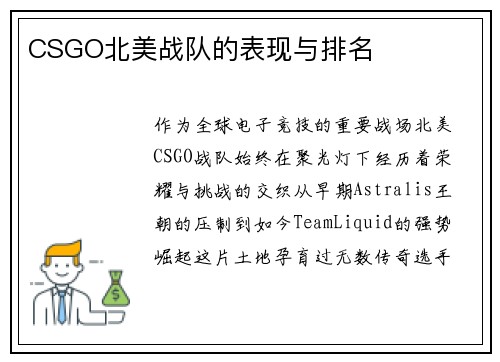 CSGO北美战队的表现与排名