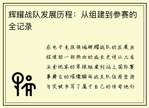 辉耀战队发展历程：从组建到参赛的全记录