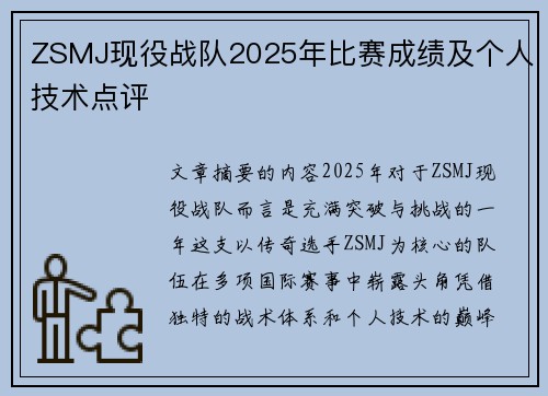 ZSMJ现役战队2025年比赛成绩及个人技术点评